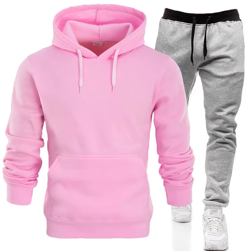 Men'S Casual 2-Piece Set Solid Color Pullover Hoodies + Long Pants for Winter Training Outdoor Sports Supersize Suits