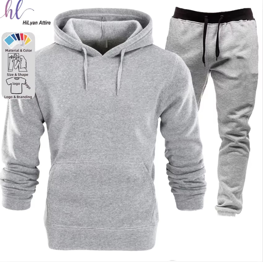 Men'S Casual 2-Piece Set Solid Color Pullover Hoodies + Long Pants for Winter Training Outdoor Sports Supersize Suits